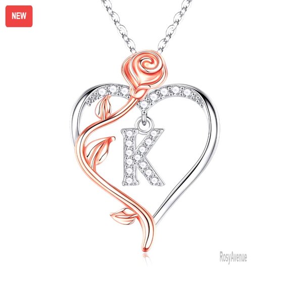 925 Sterling Silver Rose Heart Initial Necklace, 18+2 Inch Chain, Cubic Zirconia